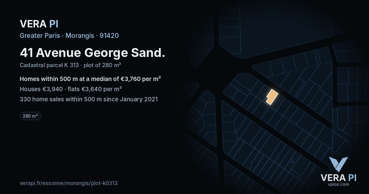 41 Avenue George Sand, Morangis at night – the plot lit, the parcels around coloured by the prices near them
