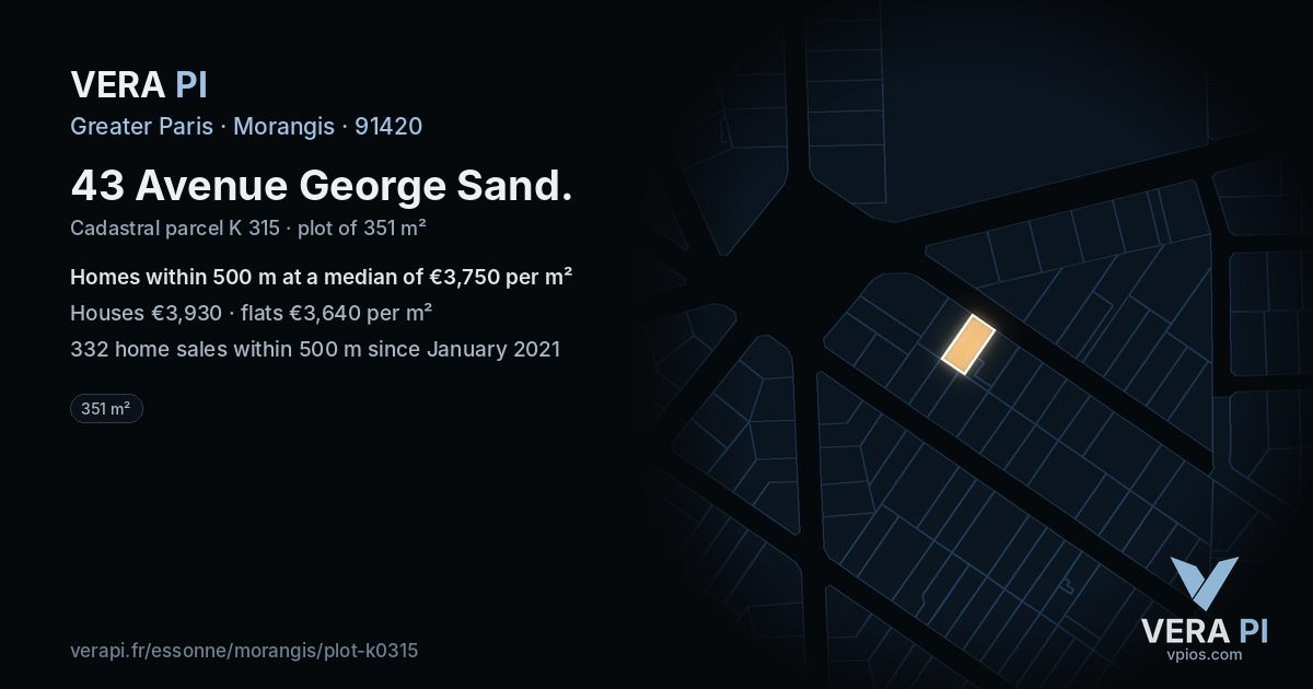 43 Avenue George Sand, Morangis at night – the plot lit, the parcels around coloured by the prices near them