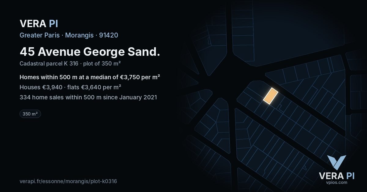 45 Avenue George Sand, Morangis at night – the plot lit, the parcels around coloured by the prices near them