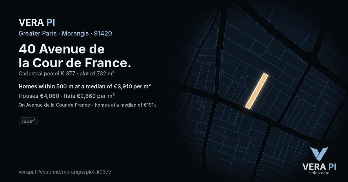 40 Avenue de la Cour de France, Morangis at night – the plot lit, the parcels around coloured by the prices near them