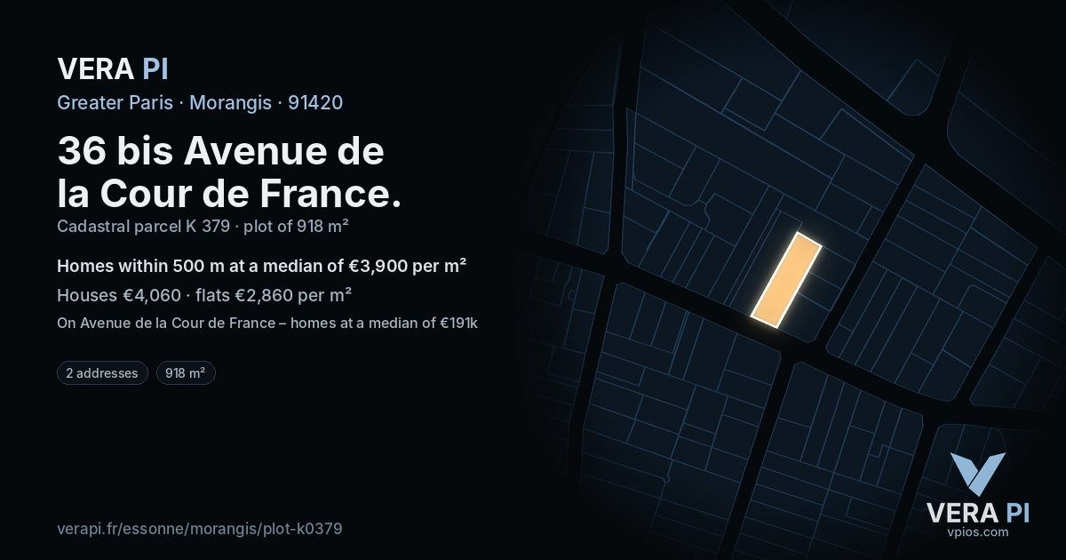 36 bis Avenue de la Cour de France, Morangis at night – the plot lit, the parcels around coloured by the prices near them