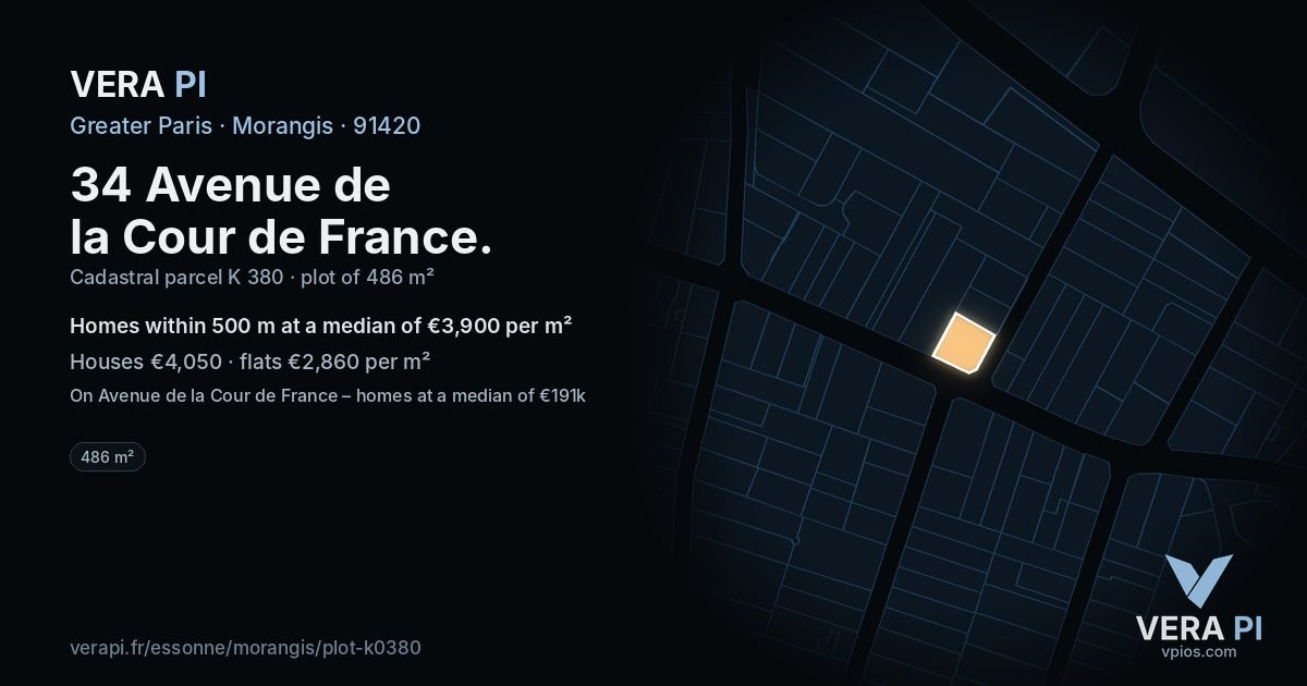 34 Avenue de la Cour de France, Morangis at night – the plot lit, the parcels around coloured by the prices near them