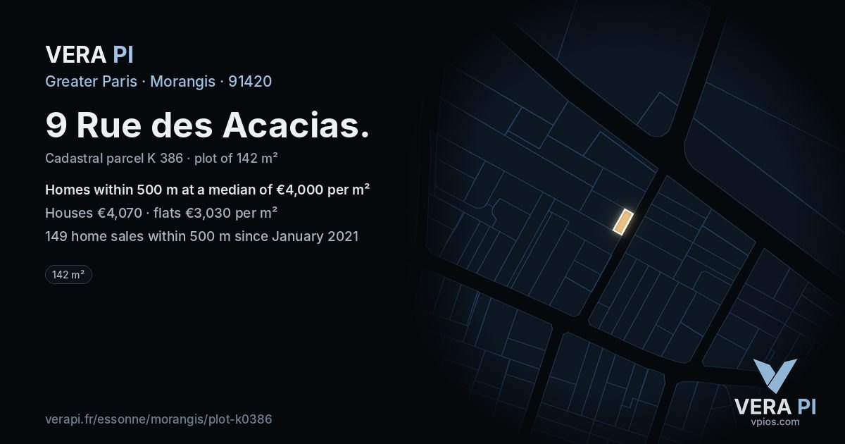9 Rue des Acacias, Morangis at night – the plot lit, the parcels around coloured by the prices near them