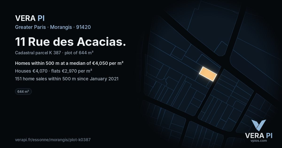 11 Rue des Acacias, Morangis at night – the plot lit, the parcels around coloured by the prices near them