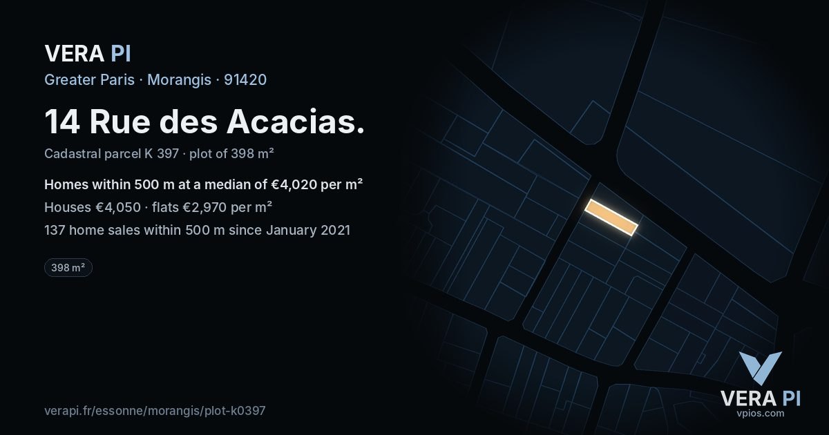 14 Rue des Acacias, Morangis at night – the plot lit, the parcels around coloured by the prices near them