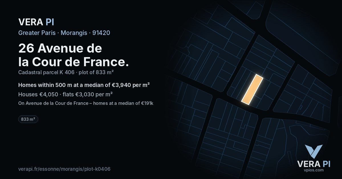 26 Avenue de la Cour de France, Morangis at night – the plot lit, the parcels around coloured by the prices near them