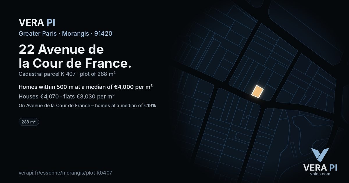 22 Avenue de la Cour de France, Morangis at night – the plot lit, the parcels around coloured by the prices near them