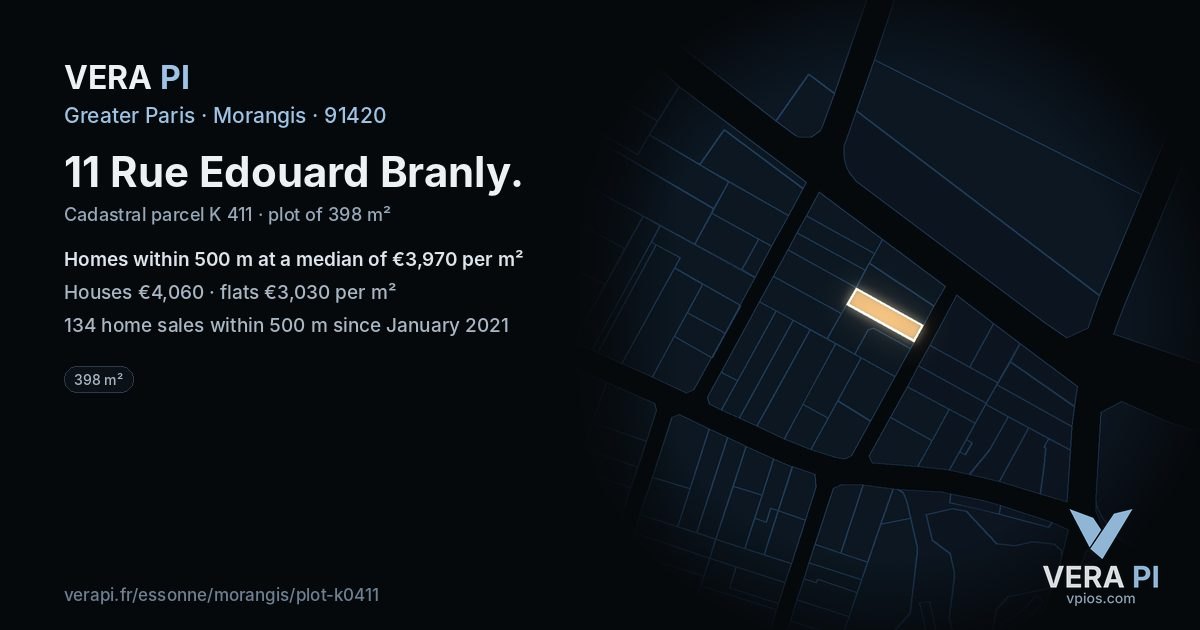 11 Rue Edouard Branly, Morangis at night – the plot lit, the parcels around coloured by the prices near them