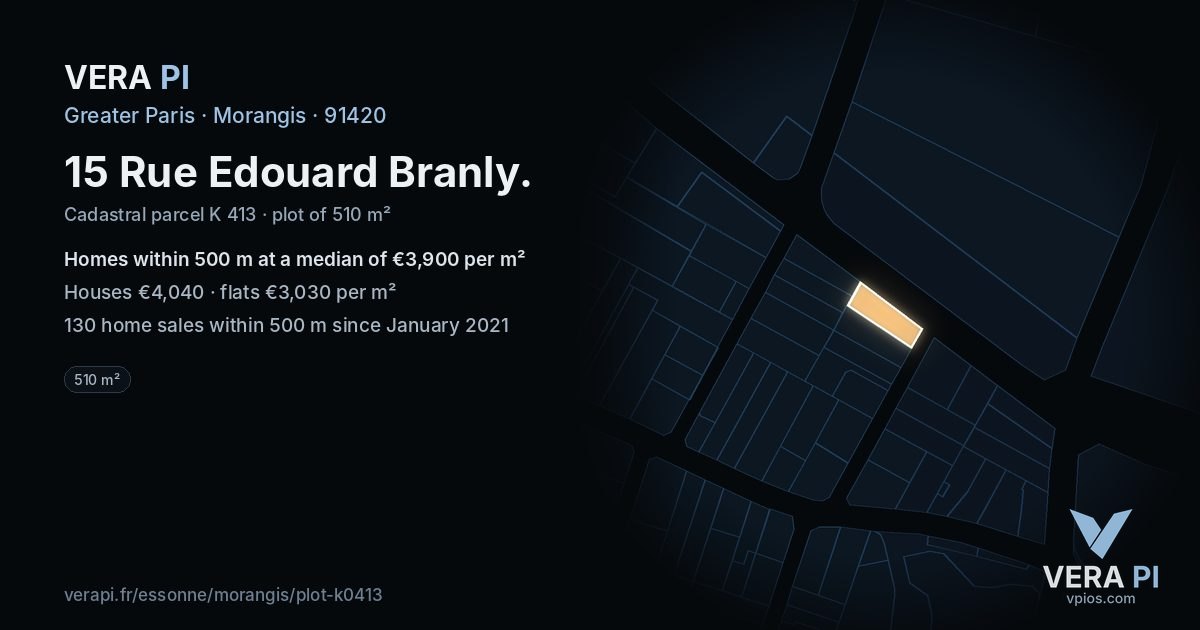 15 Rue Edouard Branly, Morangis at night – the plot lit, the parcels around coloured by the prices near them