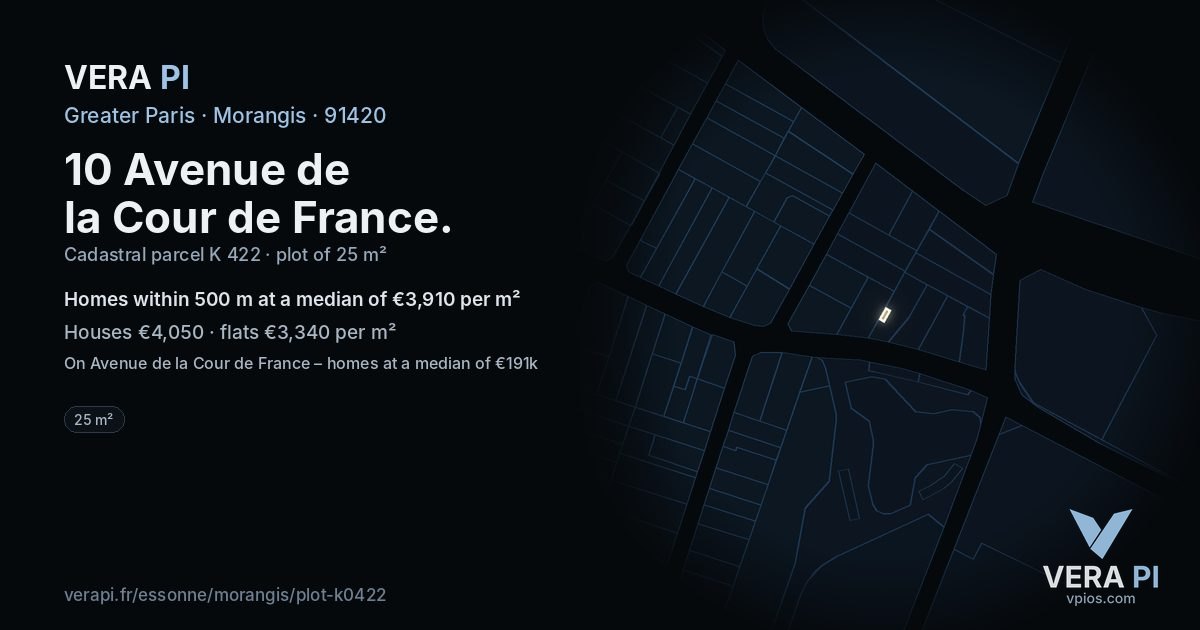 10 Avenue de la Cour de France, Morangis at night – the plot lit, the parcels around coloured by the prices near them