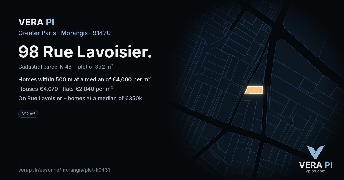 98 Rue Lavoisier, Morangis at night – the plot lit, the parcels around coloured by the prices near them