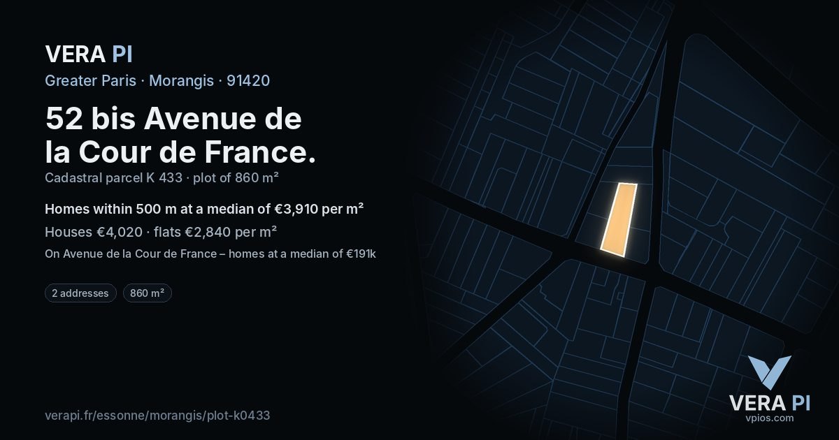 52 bis Avenue de la Cour de France, Morangis at night – the plot lit, the parcels around coloured by the prices near them