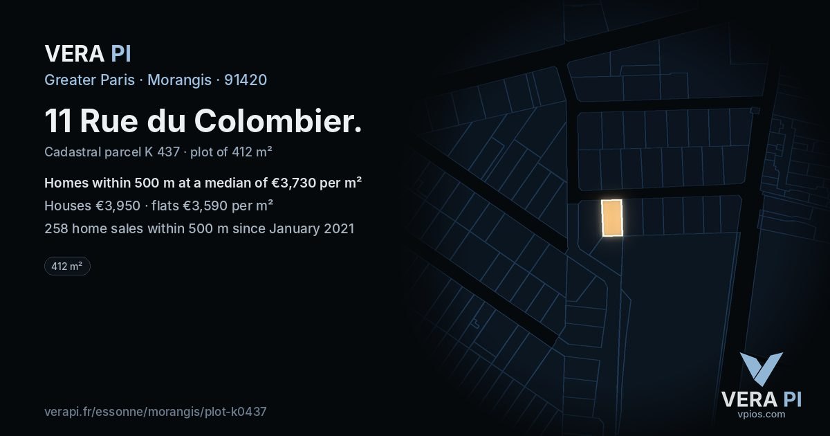 11 Rue du Colombier, Morangis at night – the plot lit, the parcels around coloured by the prices near them