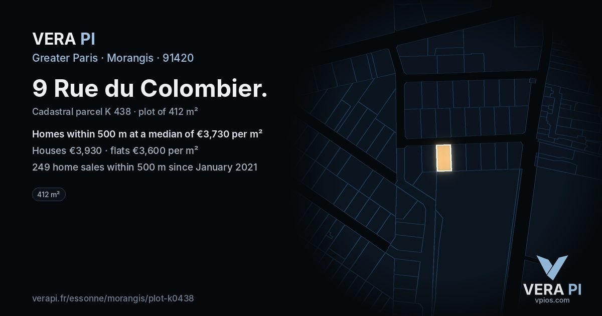 9 Rue du Colombier, Morangis at night – the plot lit, the parcels around coloured by the prices near them