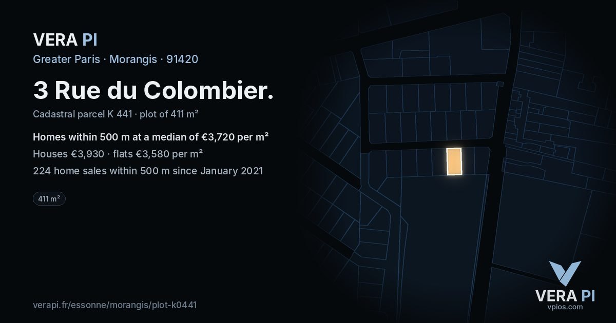 3 Rue du Colombier, Morangis at night – the plot lit, the parcels around coloured by the prices near them