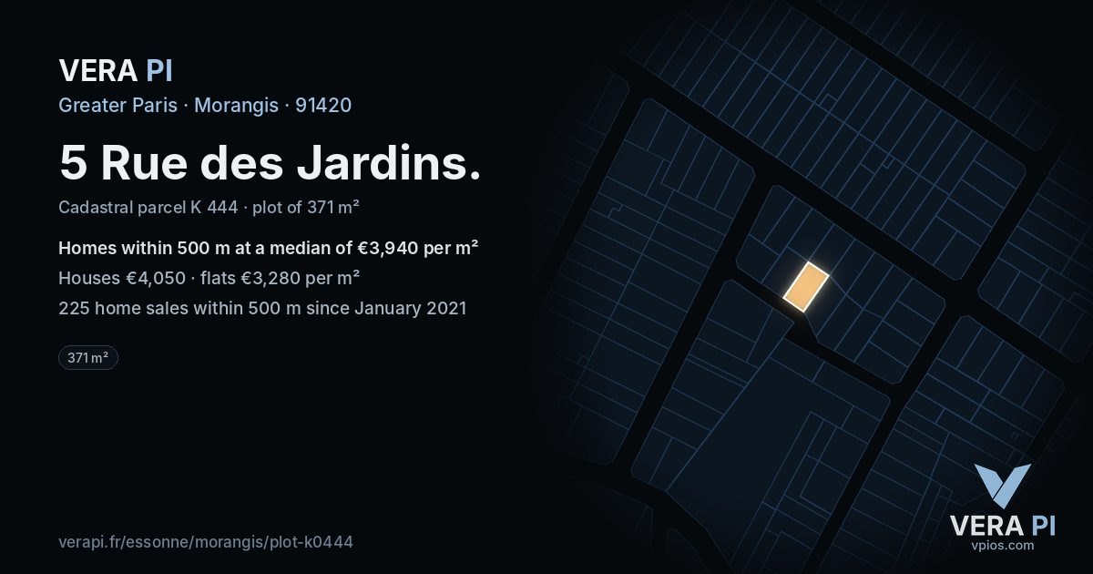 5 Rue des Jardins, Morangis at night – the plot lit, the parcels around coloured by the prices near them