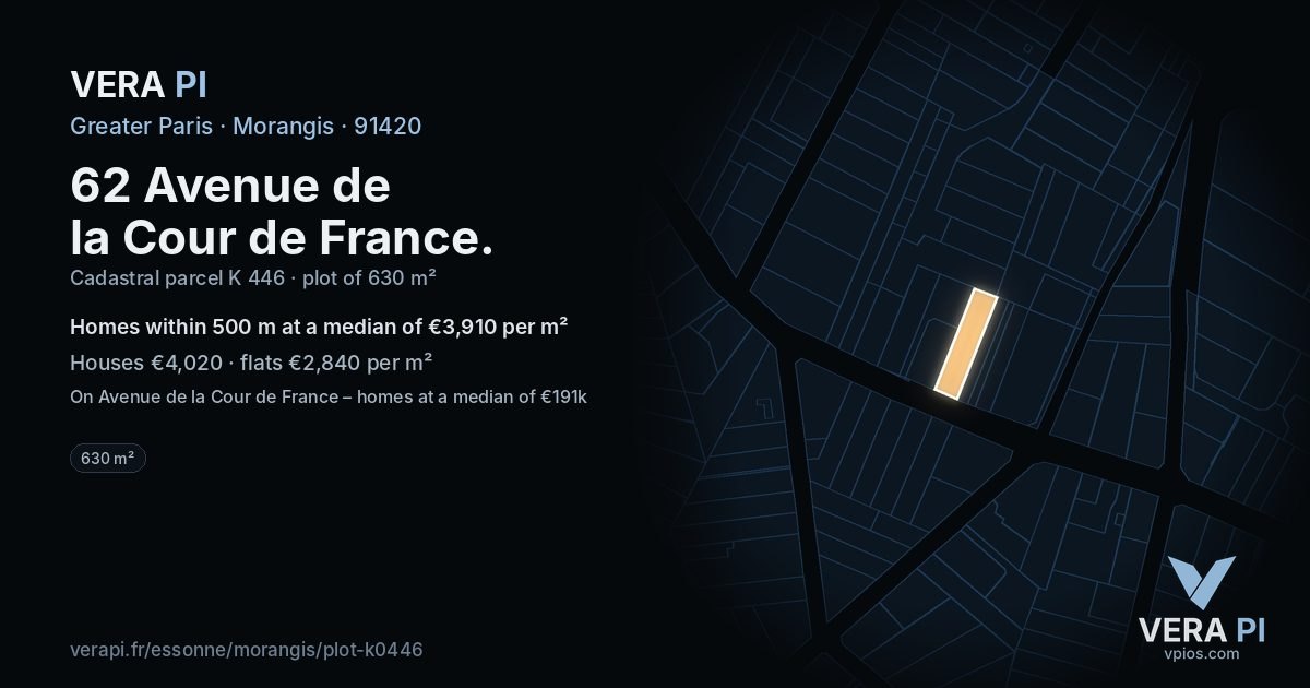 62 Avenue de la Cour de France, Morangis at night – the plot lit, the parcels around coloured by the prices near them