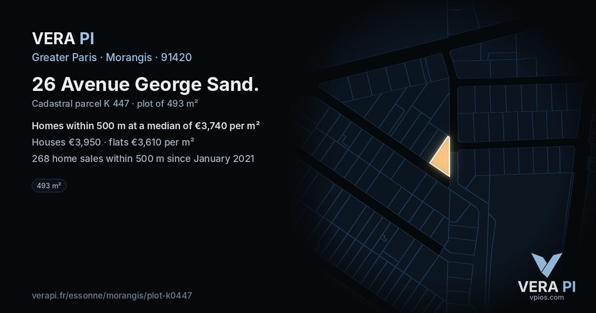 26 Avenue George Sand, Morangis at night – the plot lit, the parcels around coloured by the prices near them