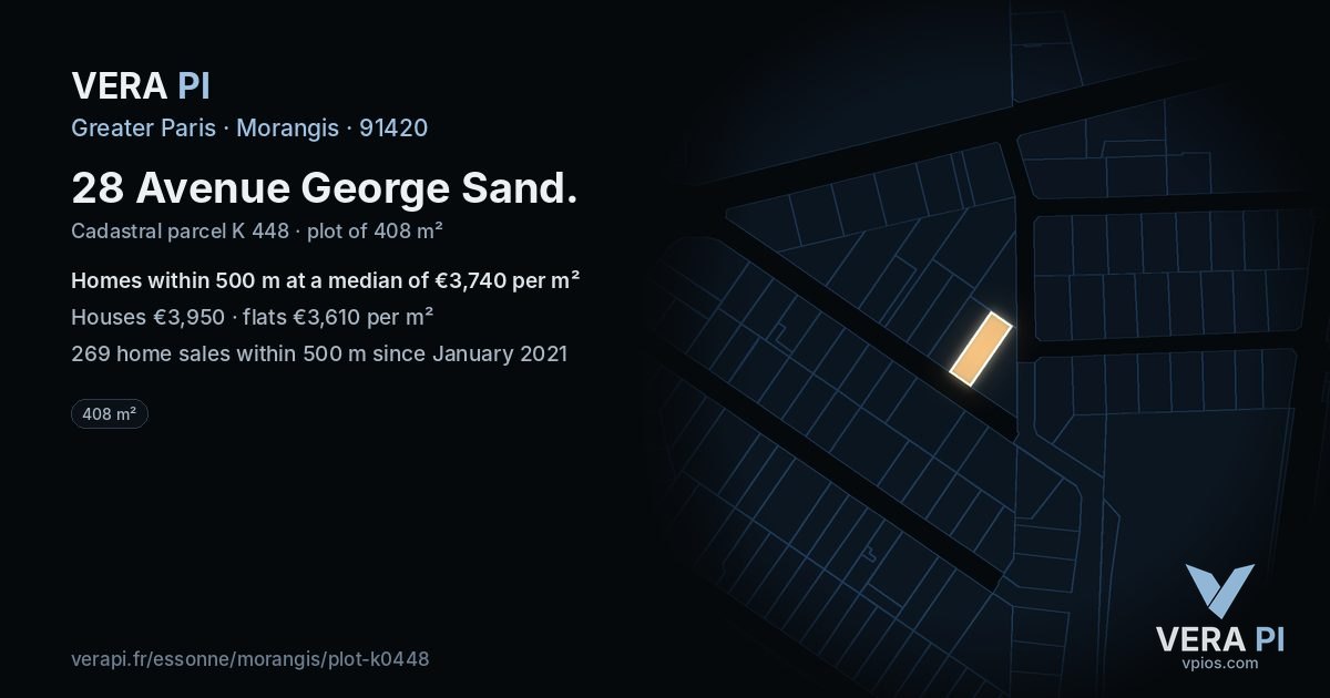 28 Avenue George Sand, Morangis at night – the plot lit, the parcels around coloured by the prices near them