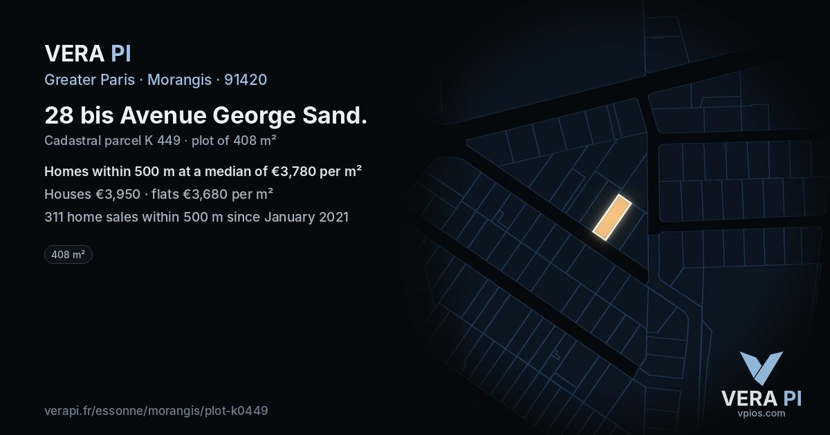28 bis Avenue George Sand, Morangis at night – the plot lit, the parcels around coloured by the prices near them