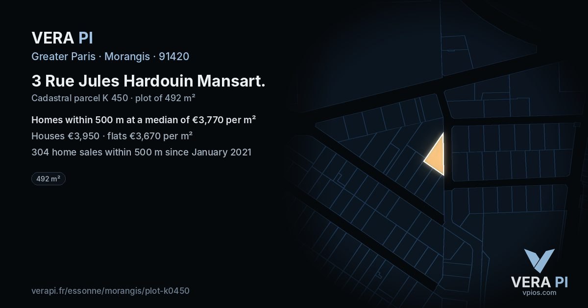 3 Rue Jules Hardouin Mansart, Morangis at night – the plot lit, the parcels around coloured by the prices near them