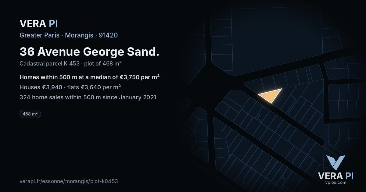36 Avenue George Sand, Morangis at night – the plot lit, the parcels around coloured by the prices near them