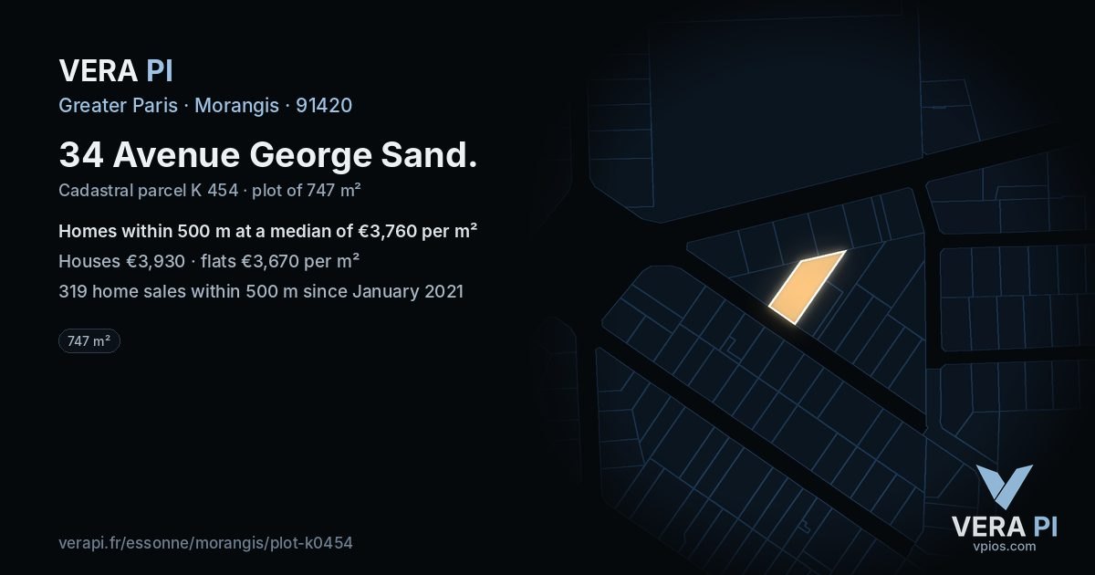 34 Avenue George Sand, Morangis at night – the plot lit, the parcels around coloured by the prices near them