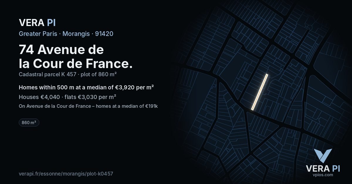 74 Avenue de la Cour de France, Morangis at night – the plot lit, the parcels around coloured by the prices near them