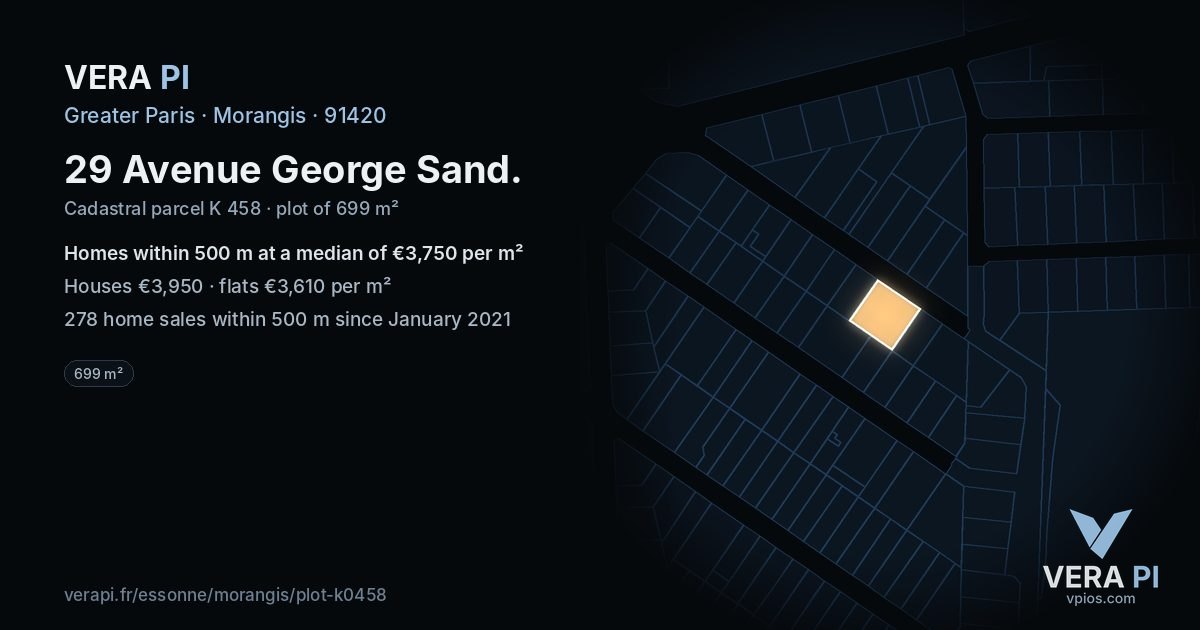 29 Avenue George Sand, Morangis at night – the plot lit, the parcels around coloured by the prices near them