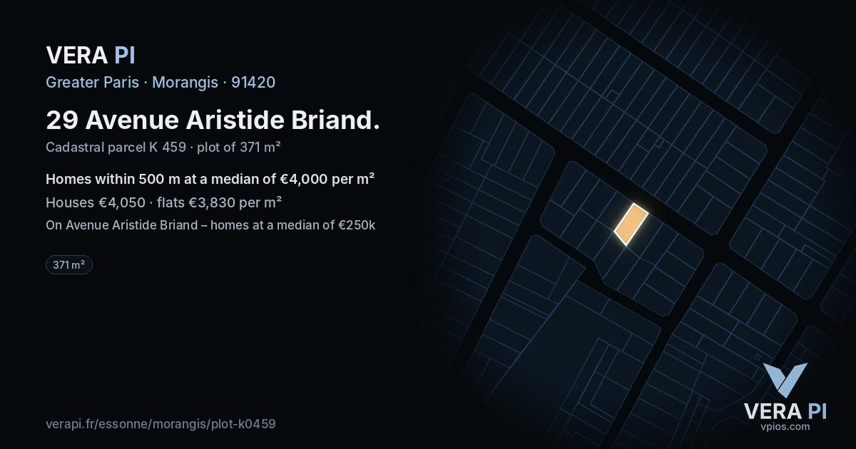 29 Avenue Aristide Briand, Morangis at night – the plot lit, the parcels around coloured by the prices near them
