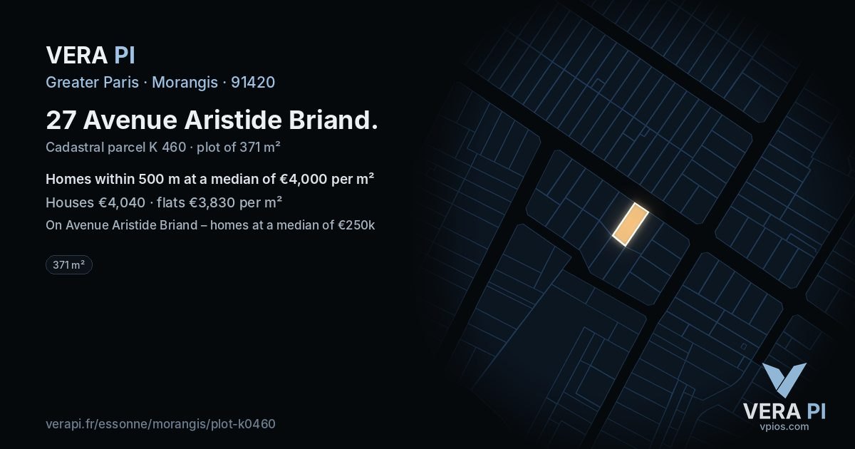 27 Avenue Aristide Briand, Morangis at night – the plot lit, the parcels around coloured by the prices near them