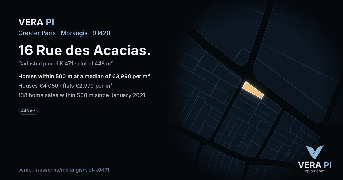 16 Rue des Acacias, Morangis at night – the plot lit, the parcels around coloured by the prices near them