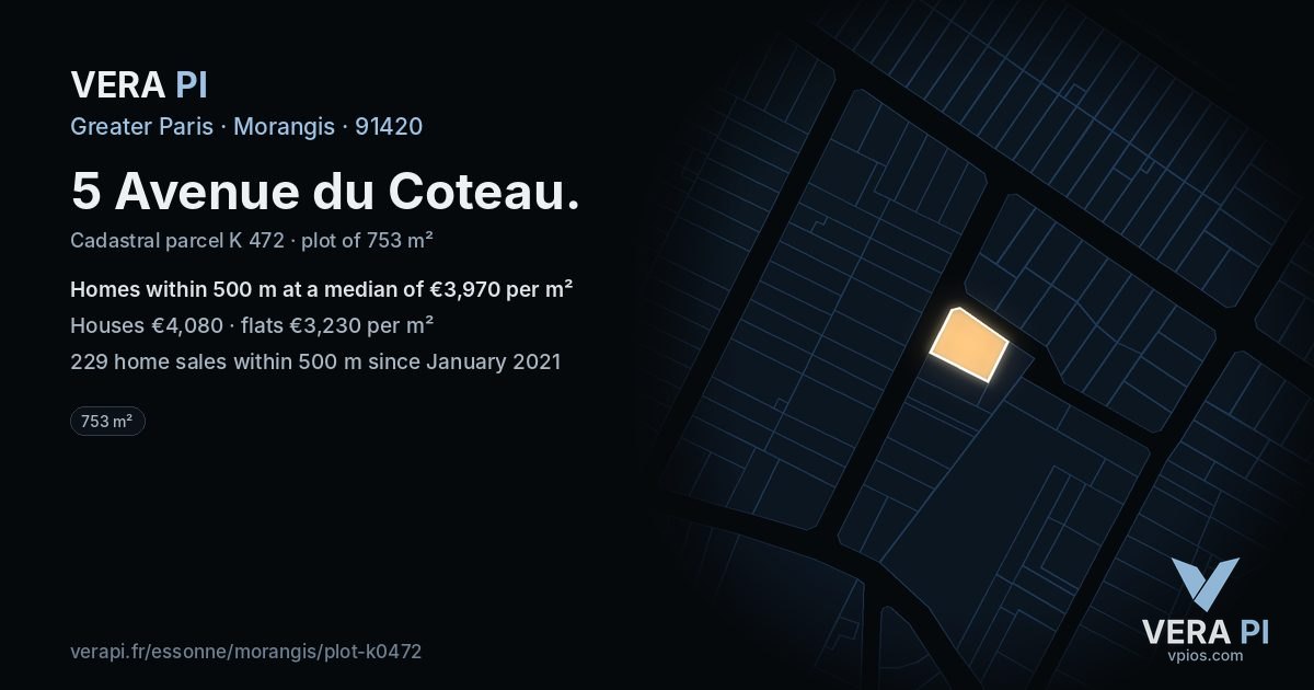 5 Avenue du Coteau, Morangis at night – the plot lit, the parcels around coloured by the prices near them