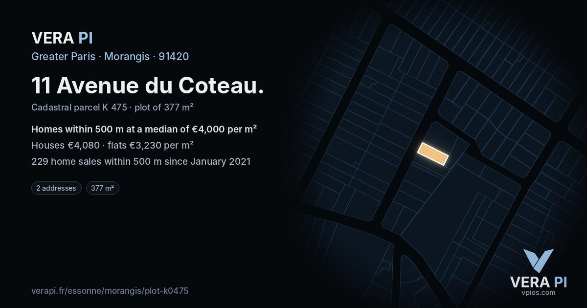 11 Avenue du Coteau, Morangis at night – the plot lit, the parcels around coloured by the prices near them