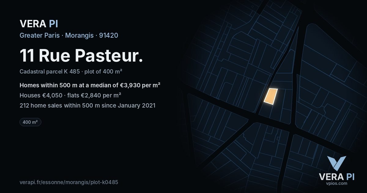 11 Rue Pasteur, Morangis at night – the plot lit, the parcels around coloured by the prices near them