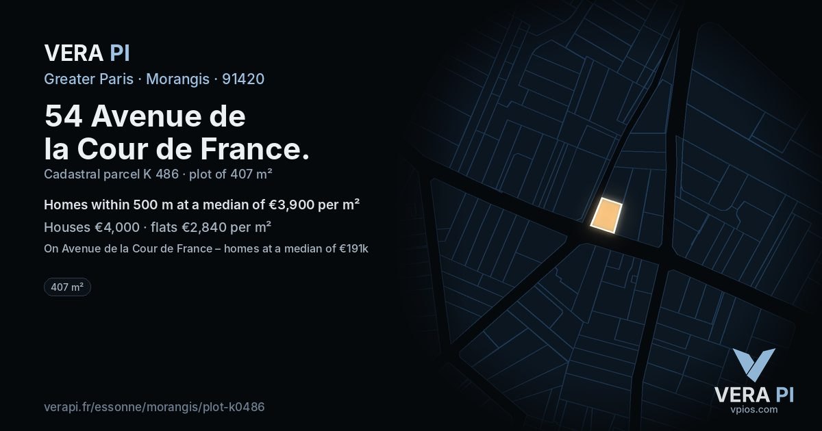 54 Avenue de la Cour de France, Morangis at night – the plot lit, the parcels around coloured by the prices near them