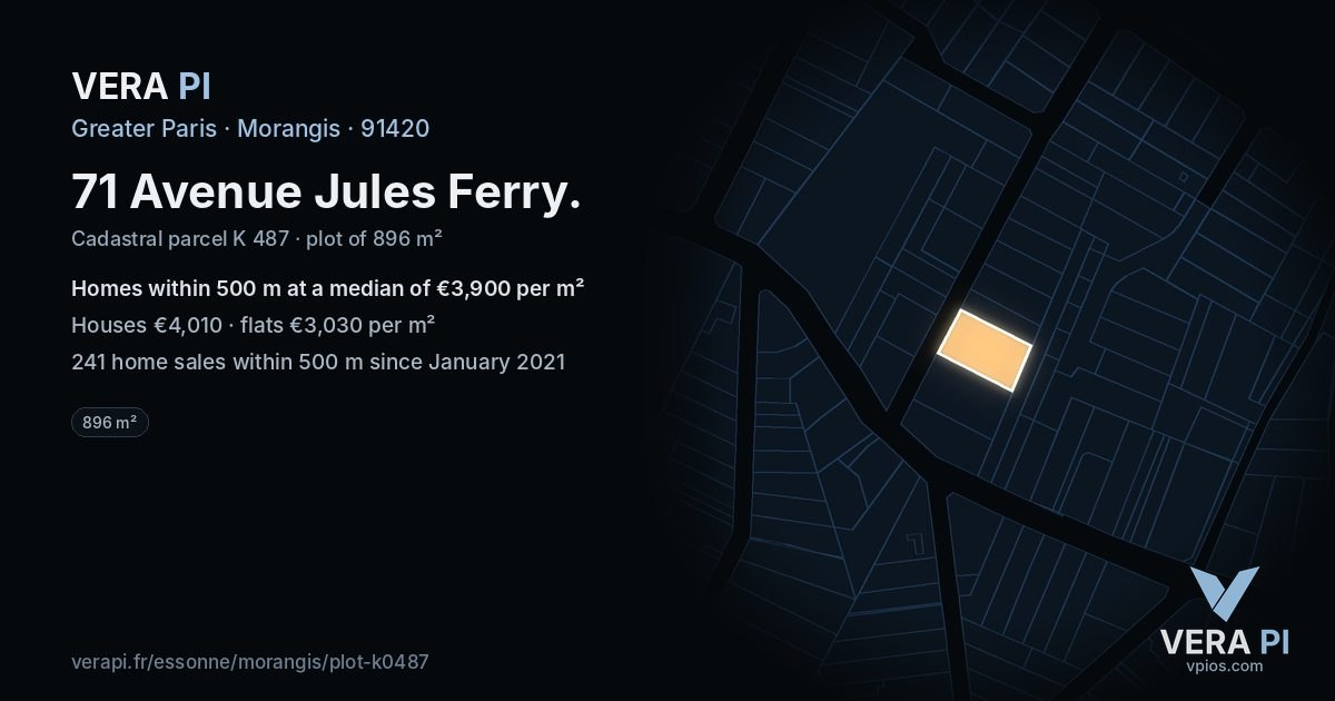 71 Avenue Jules Ferry, Morangis at night – the plot lit, the parcels around coloured by the prices near them