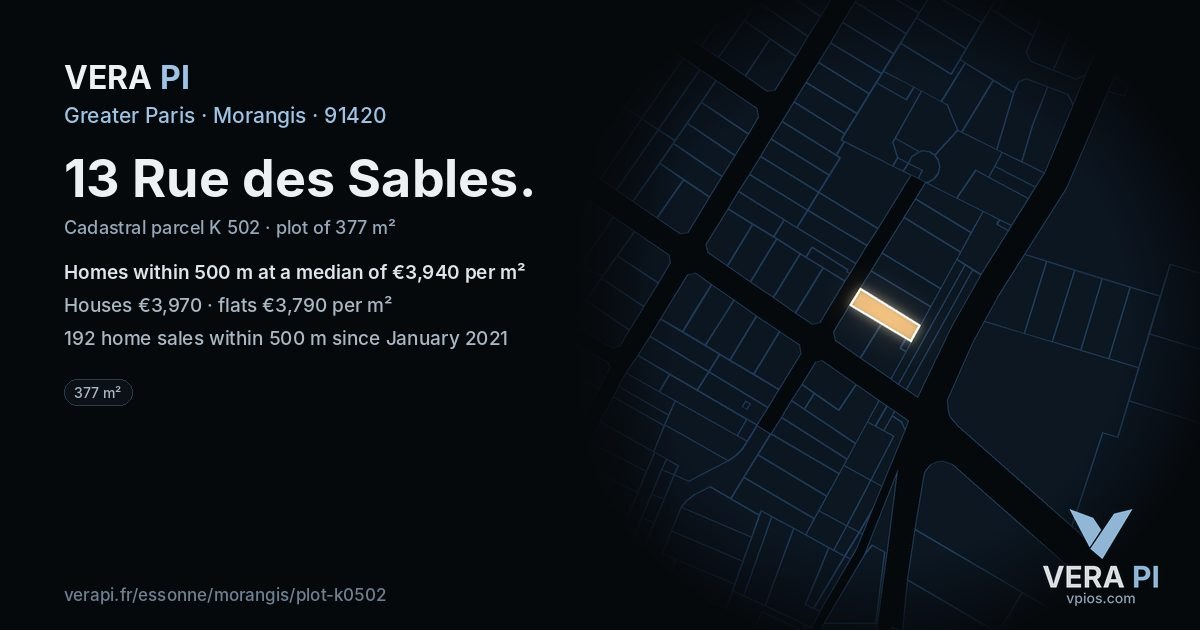 13 Rue des Sables, Morangis at night – the plot lit, the parcels around coloured by the prices near them