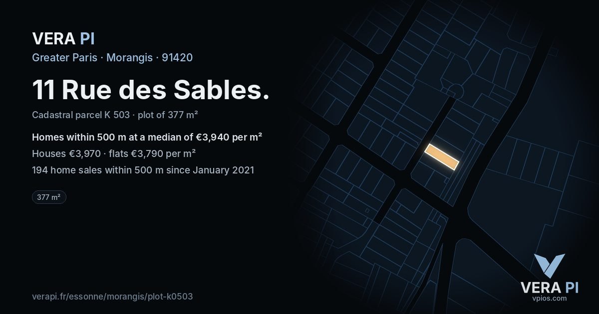 11 Rue des Sables, Morangis at night – the plot lit, the parcels around coloured by the prices near them