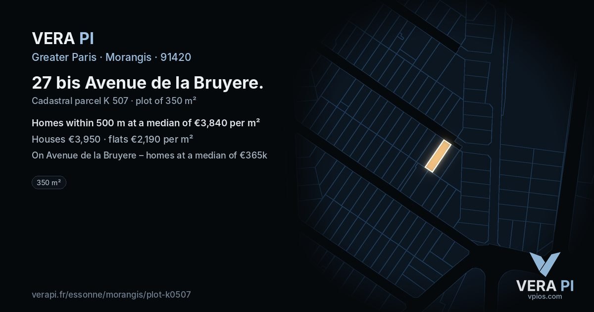 27 bis Avenue de la Bruyere, Morangis at night – the plot lit, the parcels around coloured by the prices near them