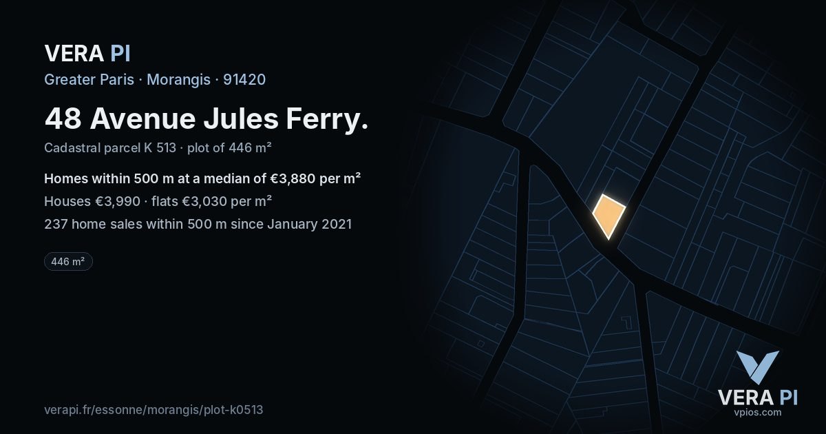 48 Avenue Jules Ferry, Morangis at night – the plot lit, the parcels around coloured by the prices near them