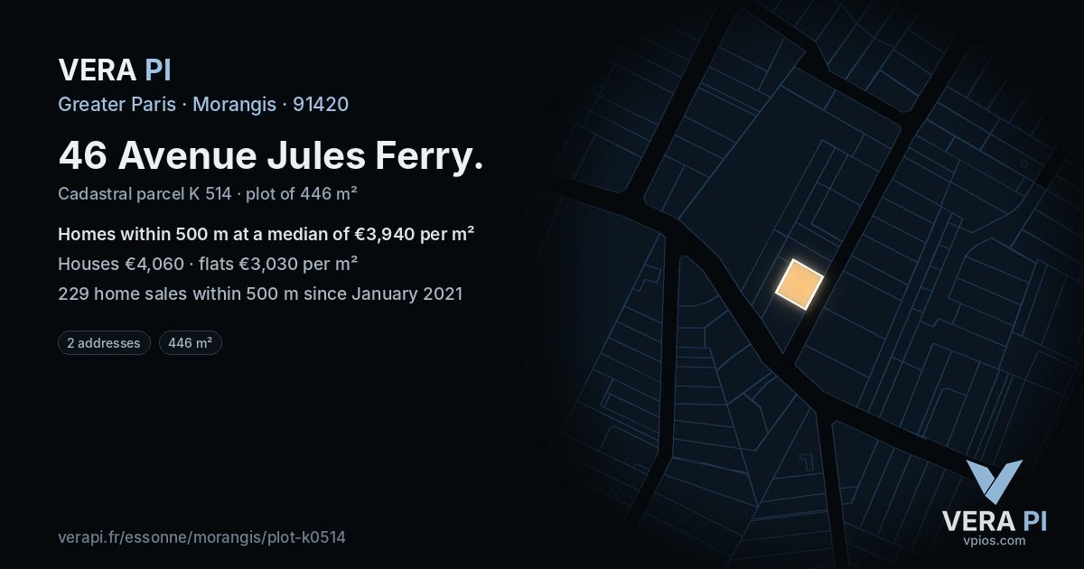46 Avenue Jules Ferry, Morangis at night – the plot lit, the parcels around coloured by the prices near them