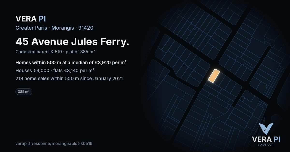 45 Avenue Jules Ferry, Morangis at night – the plot lit, the parcels around coloured by the prices near them