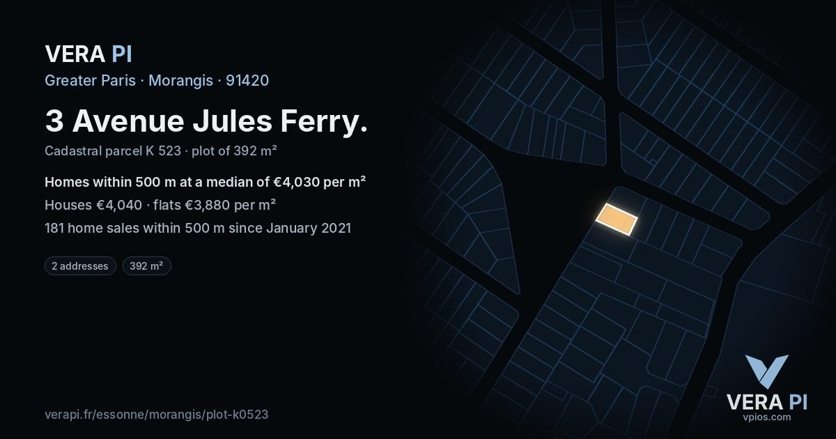 3 Avenue Jules Ferry, Morangis at night – the plot lit, the parcels around coloured by the prices near them