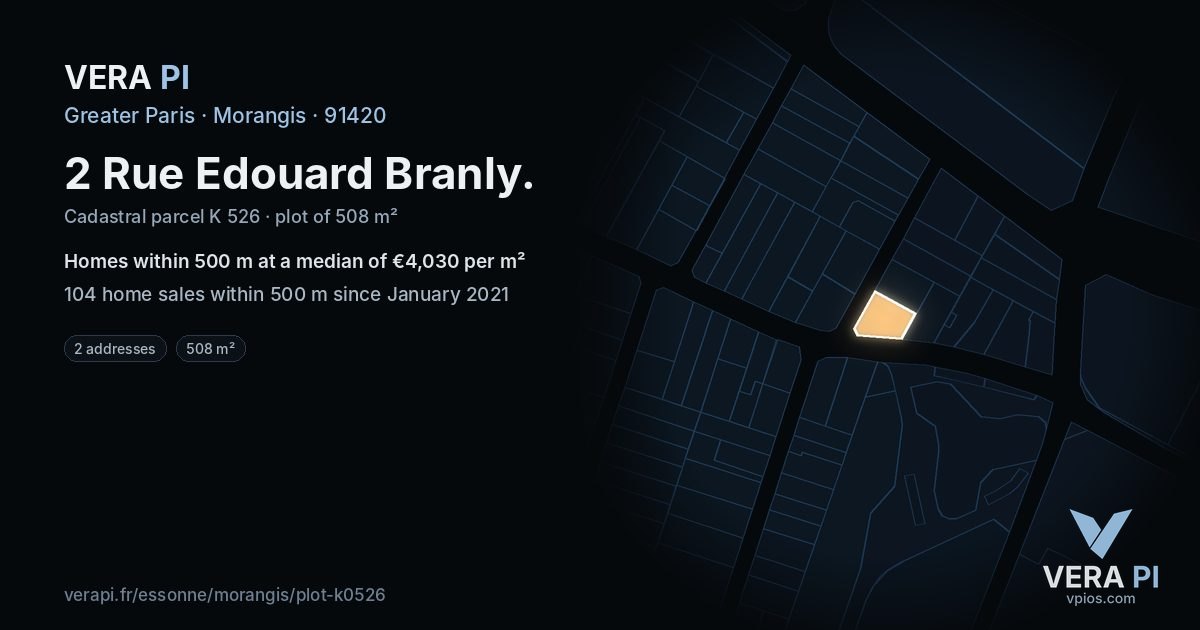 2 Rue Edouard Branly, Morangis at night – the plot lit, the parcels around coloured by the prices near them