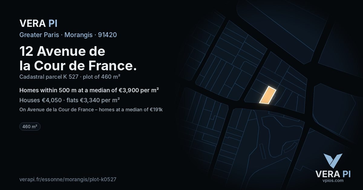 12 Avenue de la Cour de France, Morangis at night – the plot lit, the parcels around coloured by the prices near them