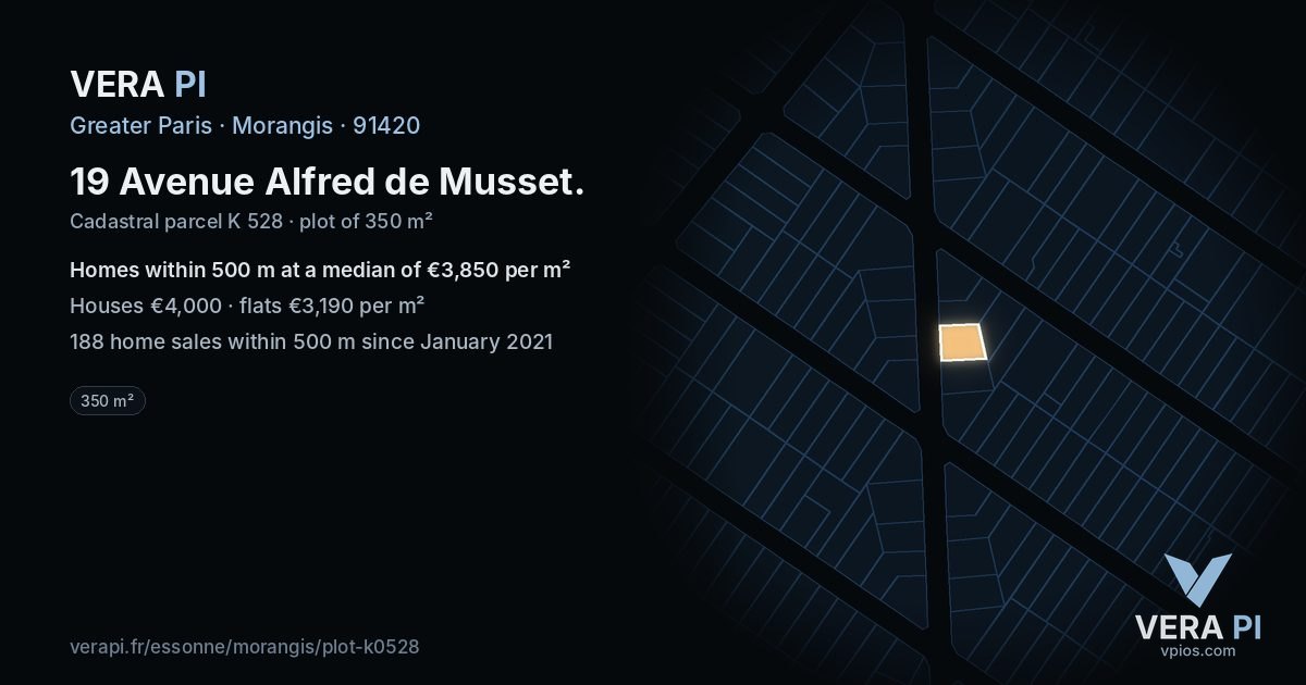 19 Avenue Alfred de Musset, Morangis at night – the plot lit, the parcels around coloured by the prices near them