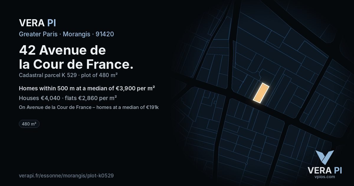 42 Avenue de la Cour de France, Morangis at night – the plot lit, the parcels around coloured by the prices near them