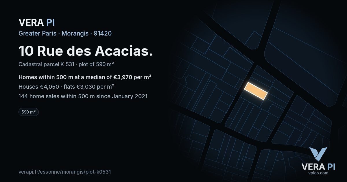 10 Rue des Acacias, Morangis at night – the plot lit, the parcels around coloured by the prices near them