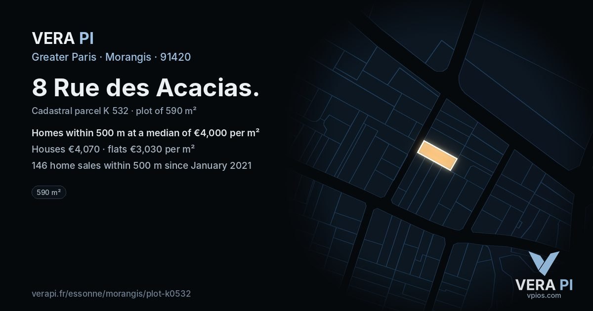 8 Rue des Acacias, Morangis at night – the plot lit, the parcels around coloured by the prices near them